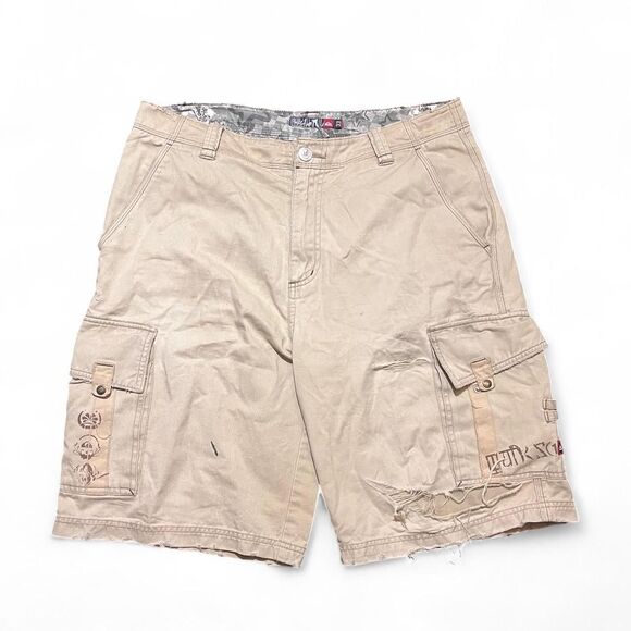 Quiksilver Distressed Cargo Shorts, Detailed w Graphics Ripped Tan Brown Sz 33 - Picture 1 of 7